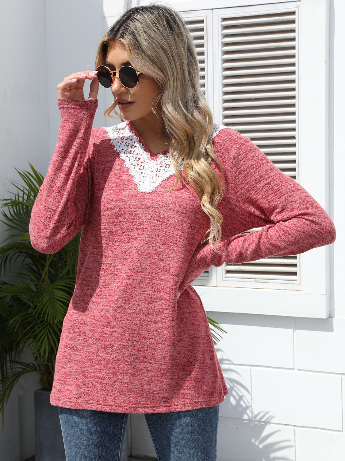Lace Detail V-Neck Long Sleeve T-Shirt Rose Pink