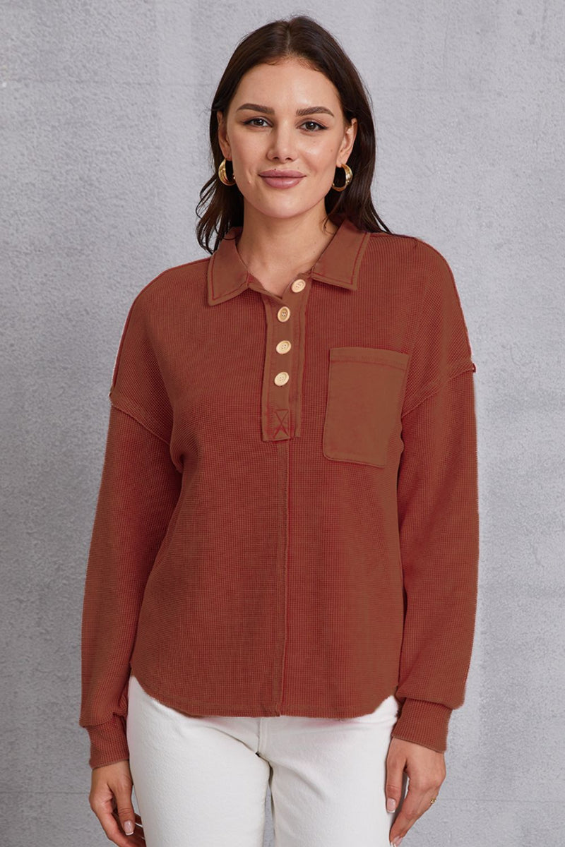Quarter Button Dropped Shoulder Sweatshirt Dark Brown