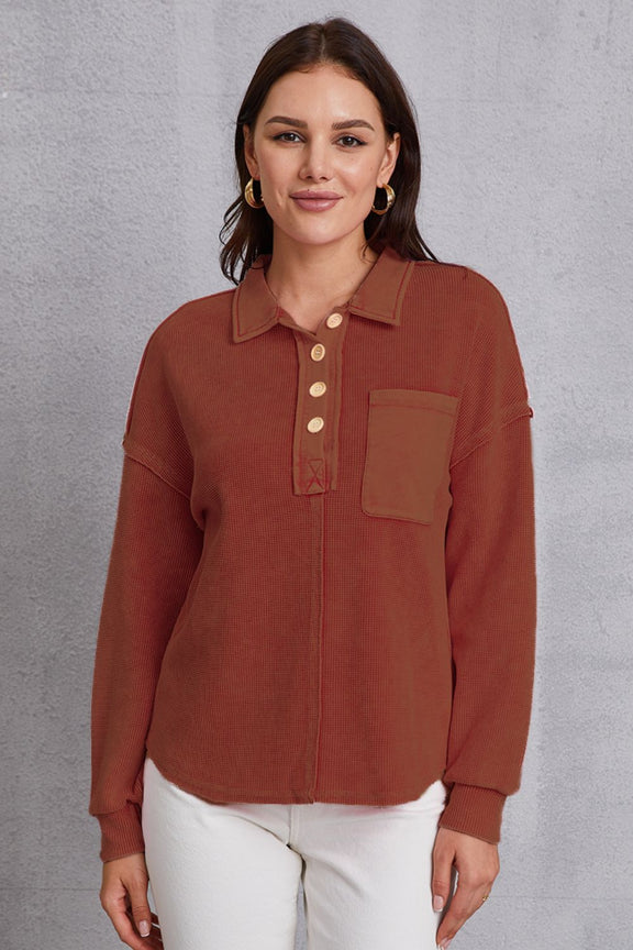 Quarter Button Dropped Shoulder Sweatshirt Dark Brown