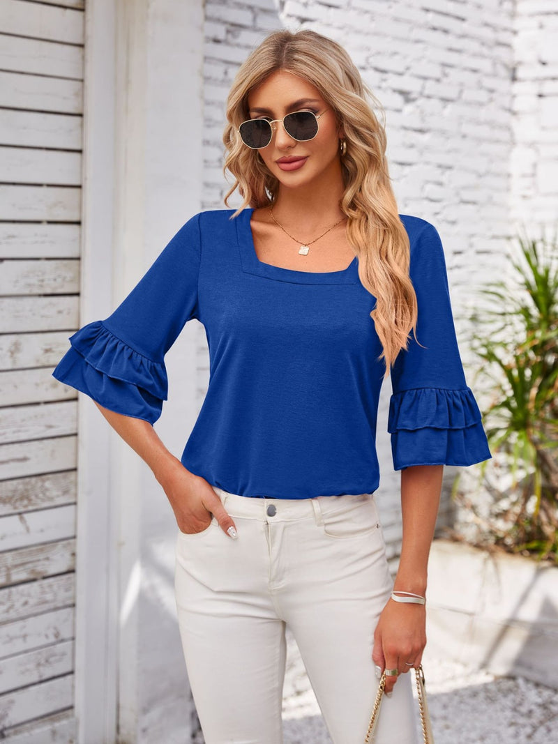 Ruffled Suqare Neck Half Sleeve Blouse Royal Blue