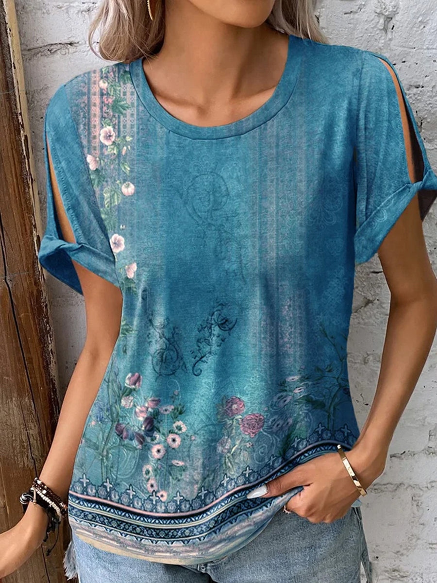 Printed Round Neck Short Sleeve T-Shirt Blue