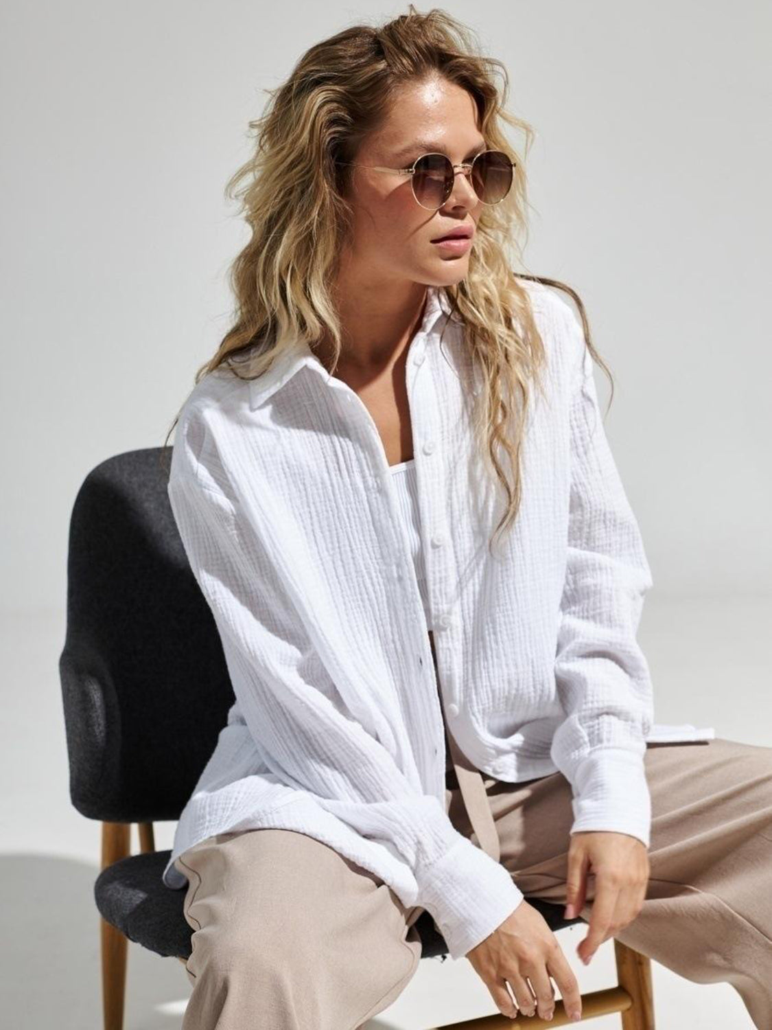 Textured Collared Neck Long Sleeve Shirt White