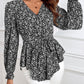 Printed V-Neck Tie Front Flounce Sleeve Blouse