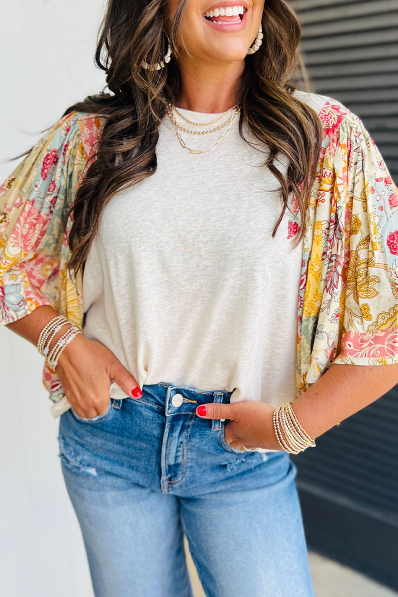 Printed Round Neck Flutter Sleeve Blouse Beige