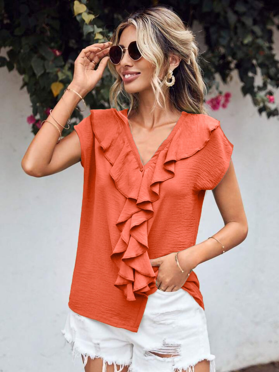 Ruffled V-Neck Short Sleeve Blouse Orange-Red