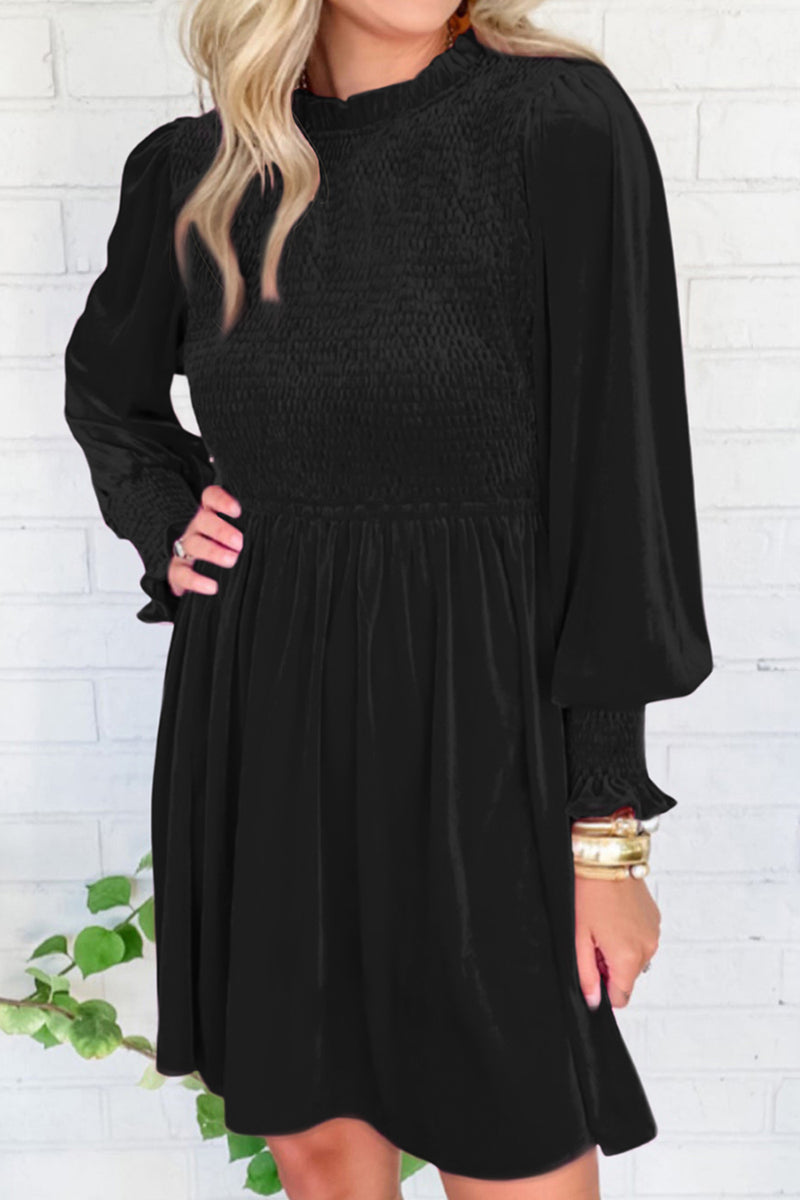 Smocked Round Neck Long Sleeve Dress Black