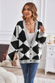 Geometric Lantern Sleeve Cardigan with Pockets Black