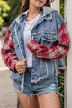 Raw Hem Drawstring Plaid Denim Jacket Medium