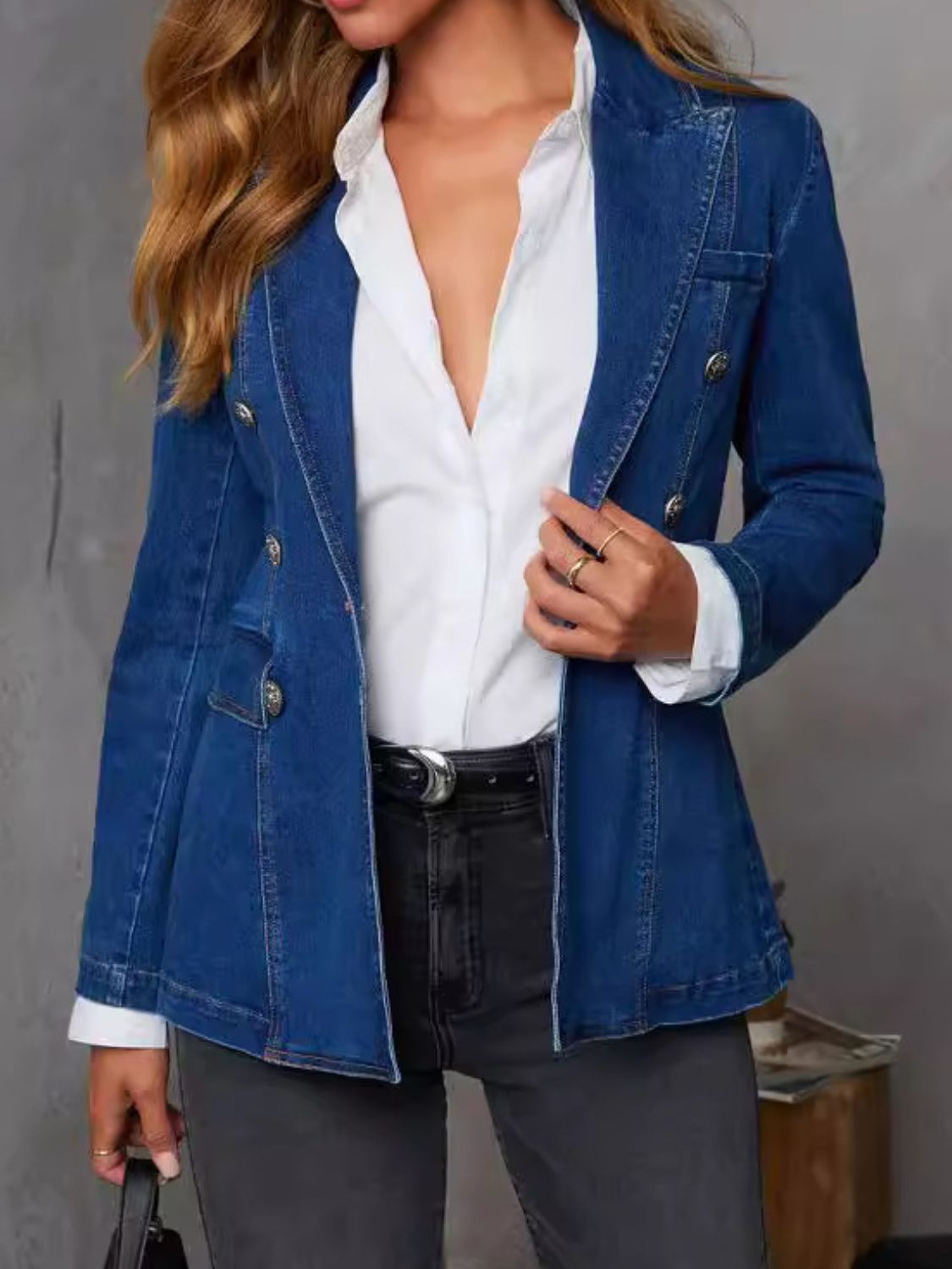 Collared Neck Long Sleeve Denim Jacket Dark