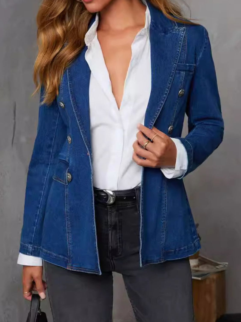 Collared Neck Long Sleeve Denim Jacket Dark