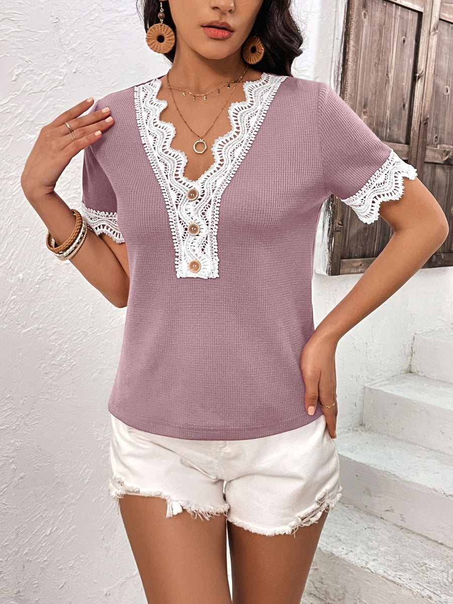 Ivy Lane Lace Detail V-Neck Short Sleeve T-Shirt Lilac