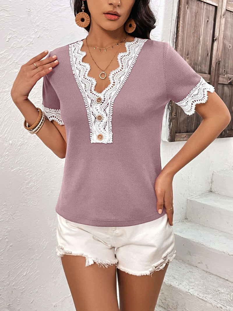 Ivy Lane Lace Detail V-Neck Short Sleeve T-Shirt Lilac