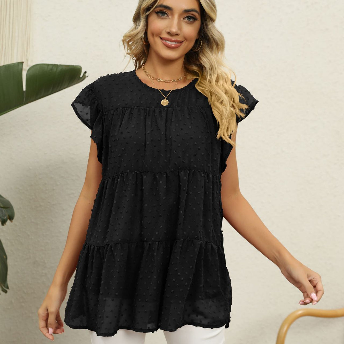 Swiss Dot Round Neck Tiered Blouse Black