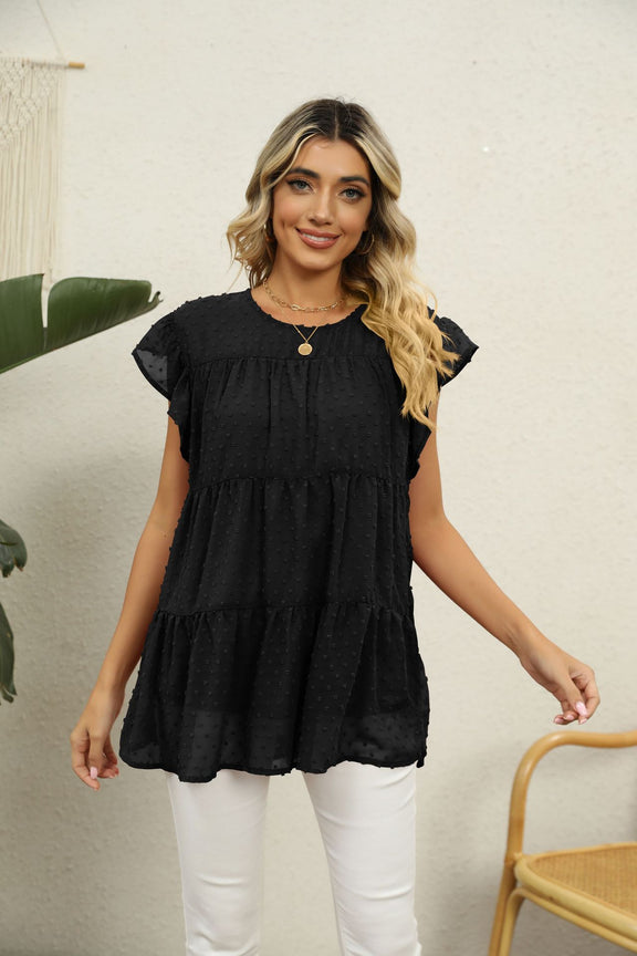 Swiss Dot Round Neck Tiered Blouse Black