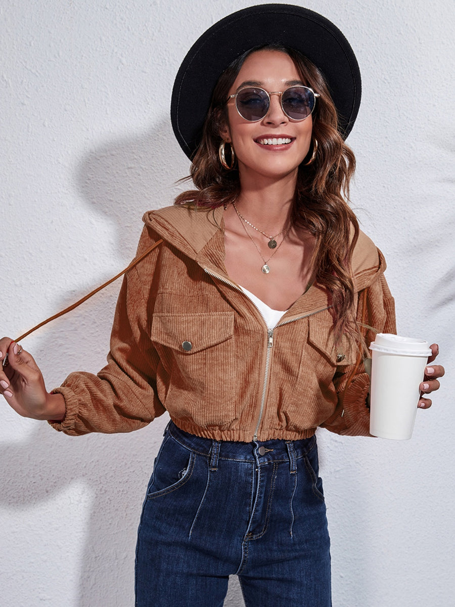 Drawstring Hooded Zip Up Jacket with Pockets Caramel
