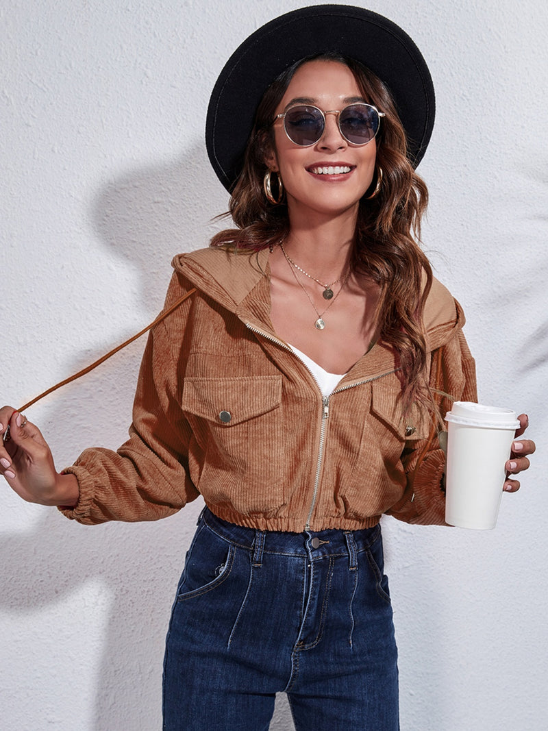 Drawstring Hooded Zip Up Jacket with Pockets Caramel