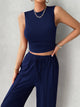 Mock Neck Sleeveless Top and Drawstring Pants Set Dark Blue