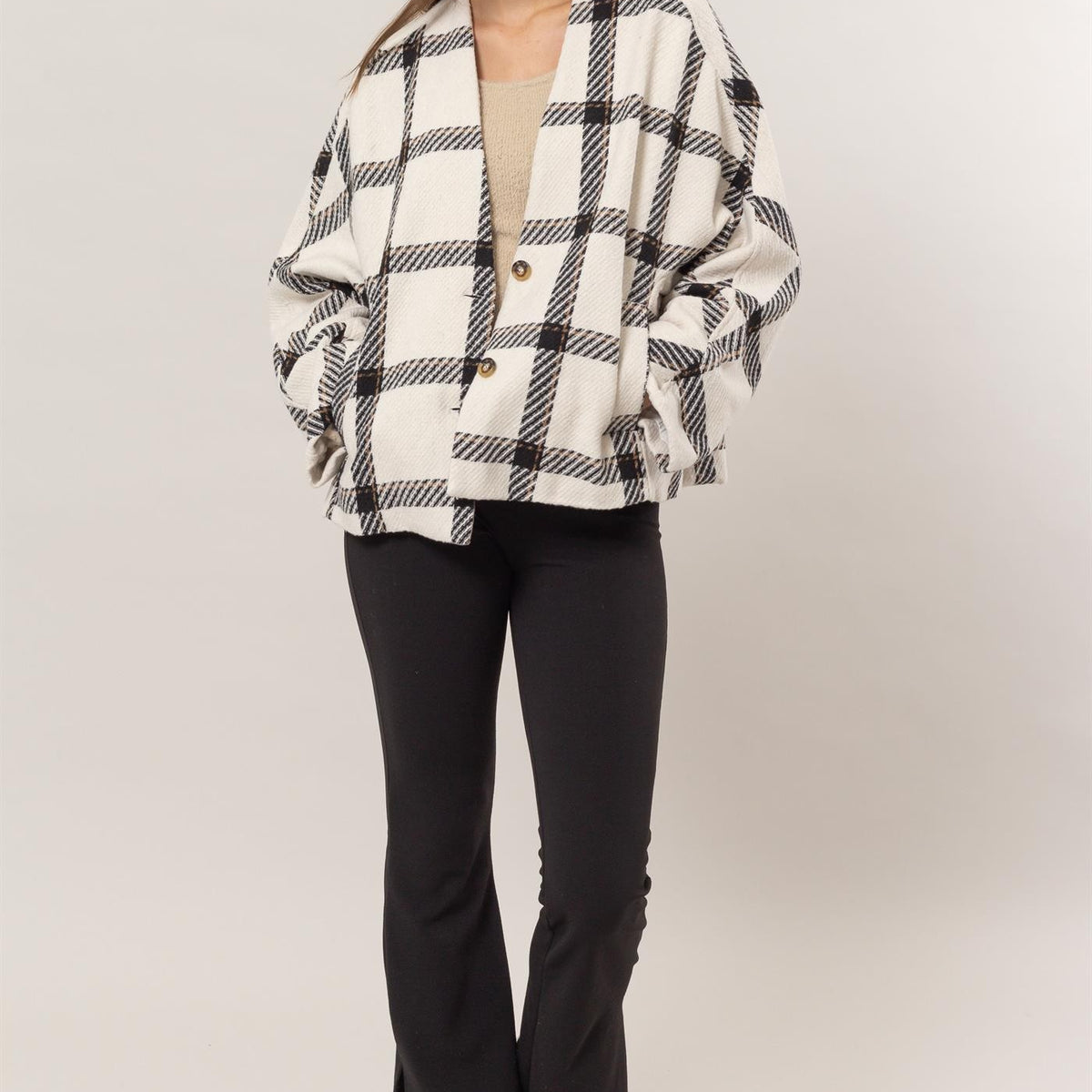 HYFVE Plaid Long Sleeve Jacket with Side Slit Pockets
