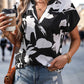 Perfee Printed Notched Short Sleeve Blouse