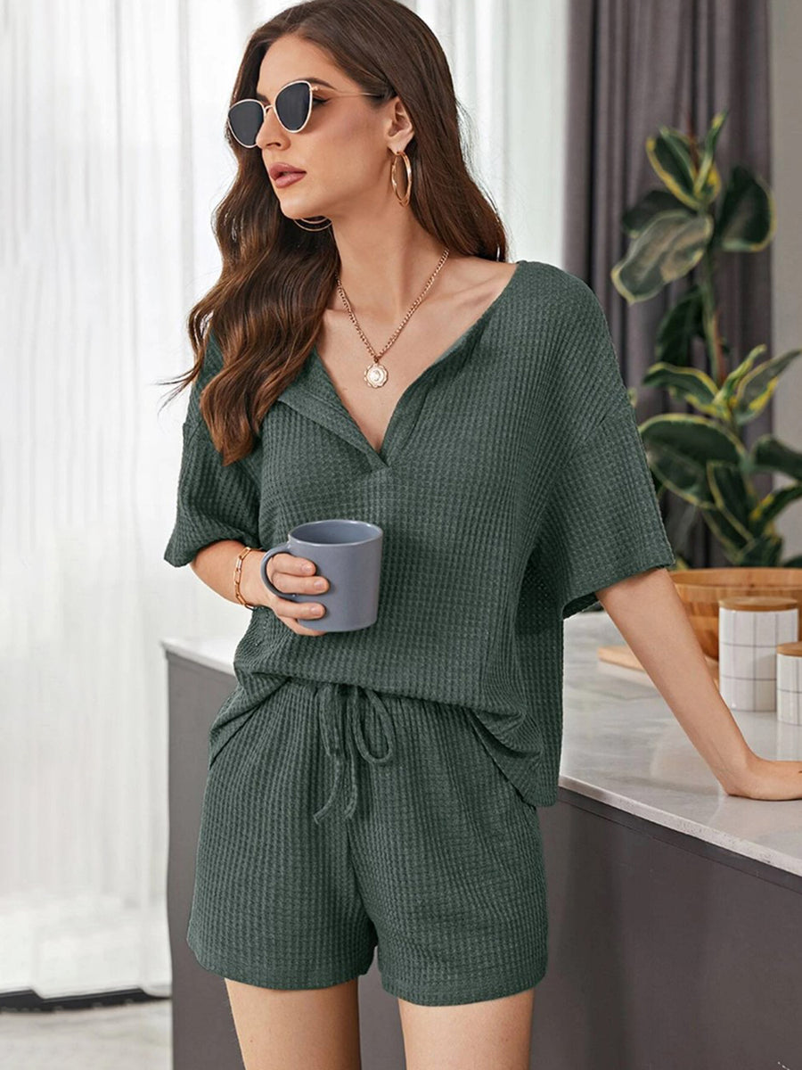 Full Size Waffle-Knit Dropped Shoulder Top and Shorts Set Army Green