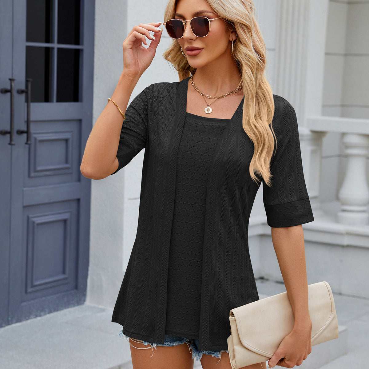 Texture Square Neck Short Sleeve Blouse