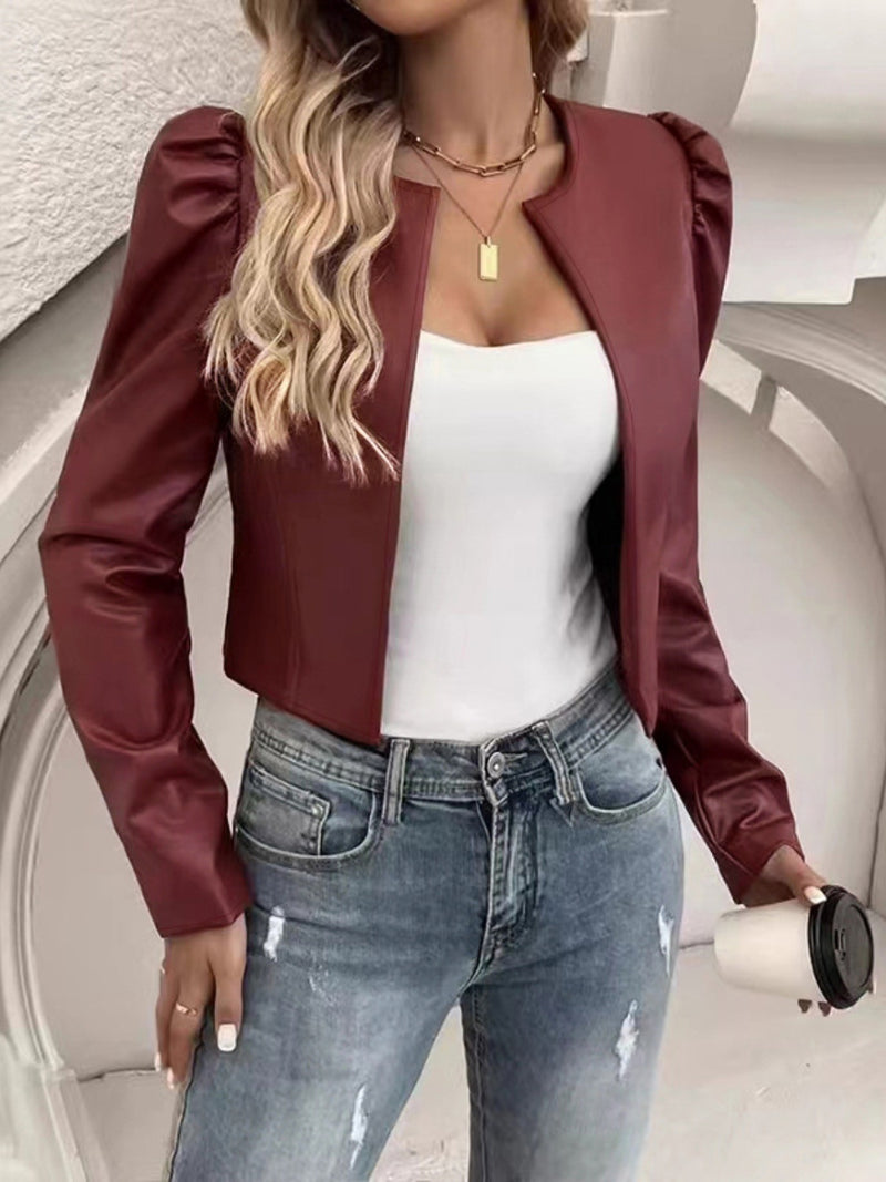 PU Leather Open Front Puff Sleeve Jacket Burgundy