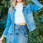 Veveret Button Up Raw Hem Denim Jacket