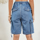 Buttoned Elastic Waist Denim Shorts with Pockets