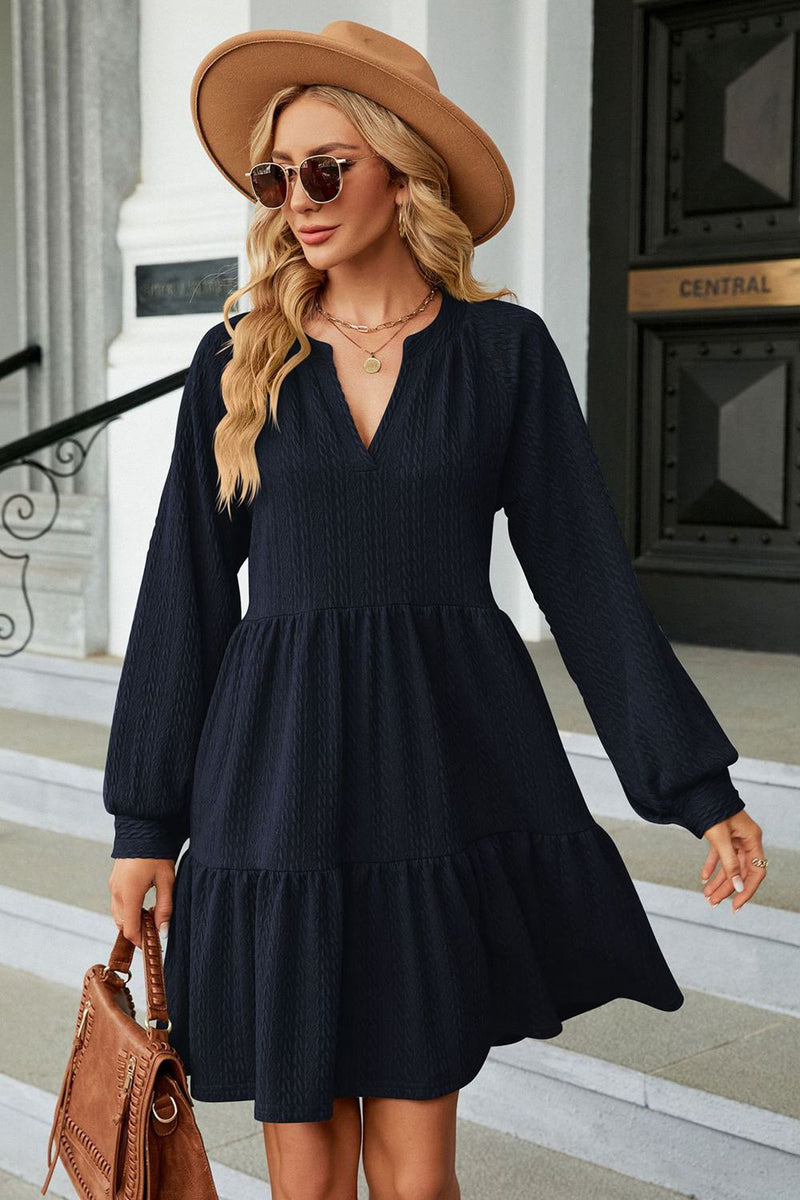 Notched Neck Long Sleeve Mini Dress Dark Blue