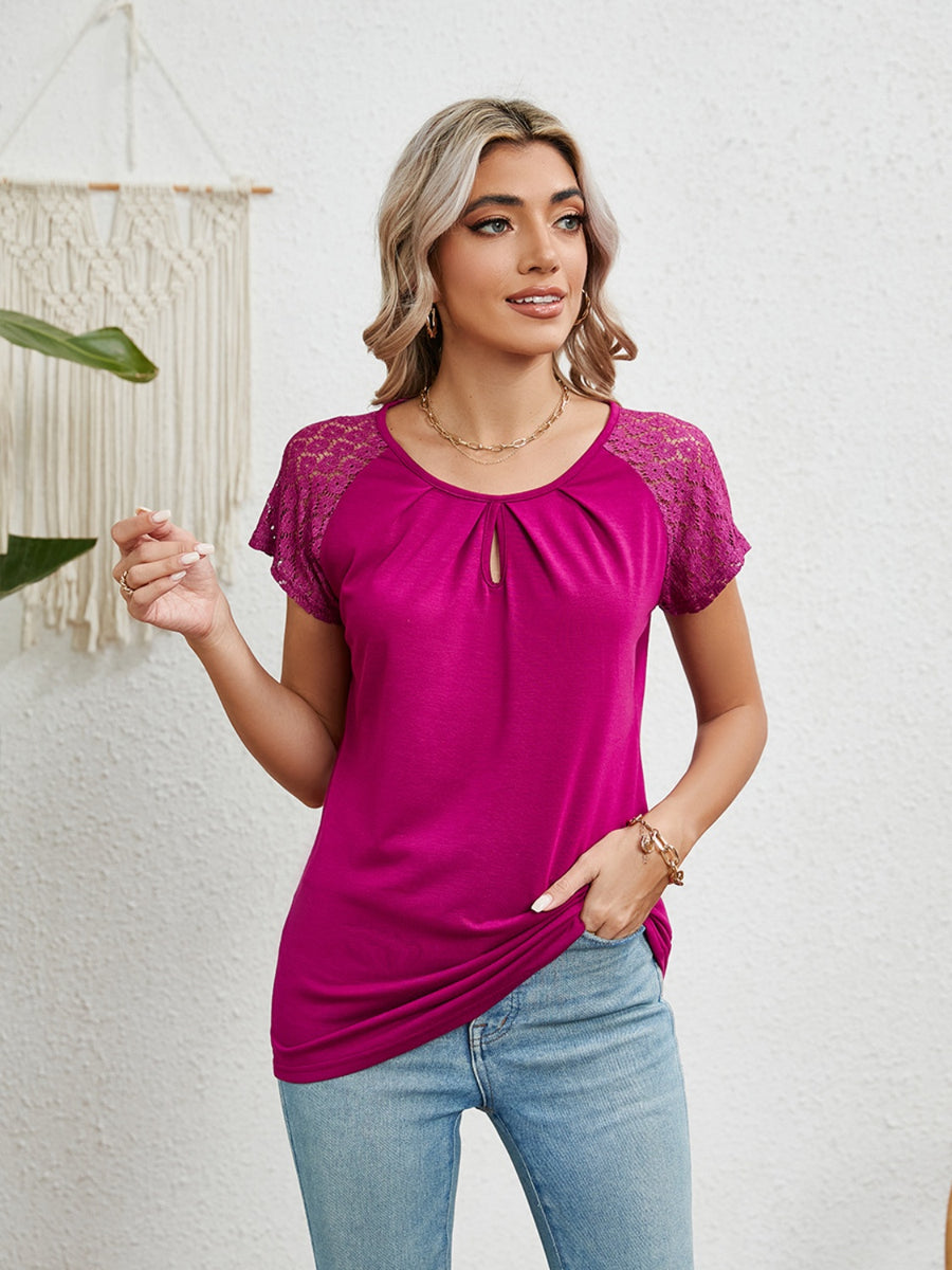 Lace Detail Round Neck Short Sleeve T-Shirt Hot Pink