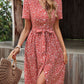 Ditsy Floral Button Front Tied Puff Sleeve Dress