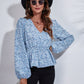 Ruched Printed V-Neck Long Sleeve Blouse