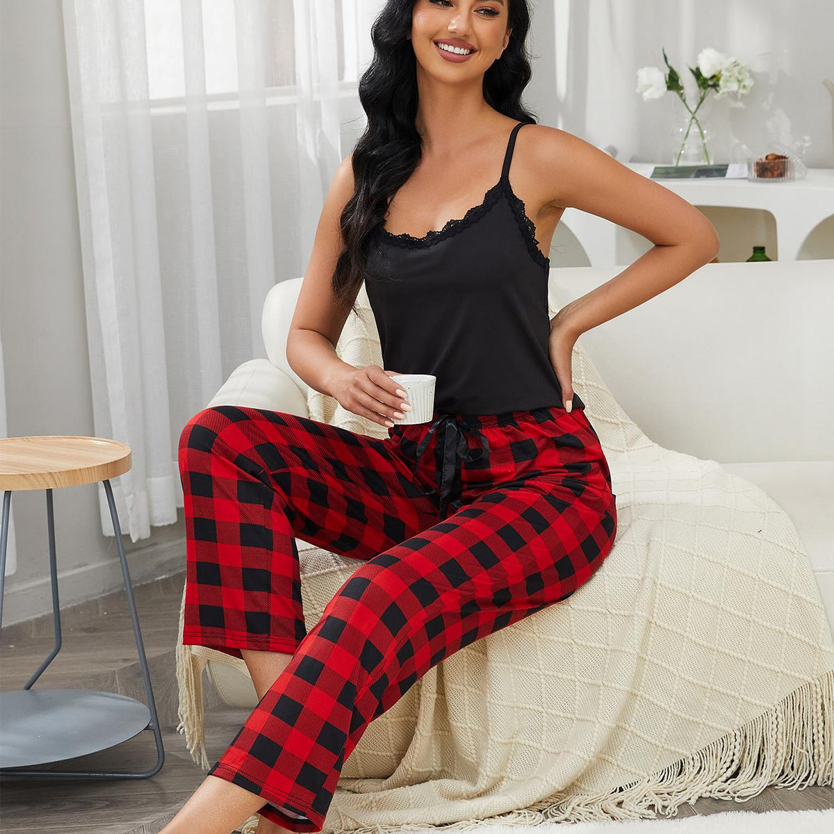 Lace Trim Cami and Plaid Pants Lounge Set
