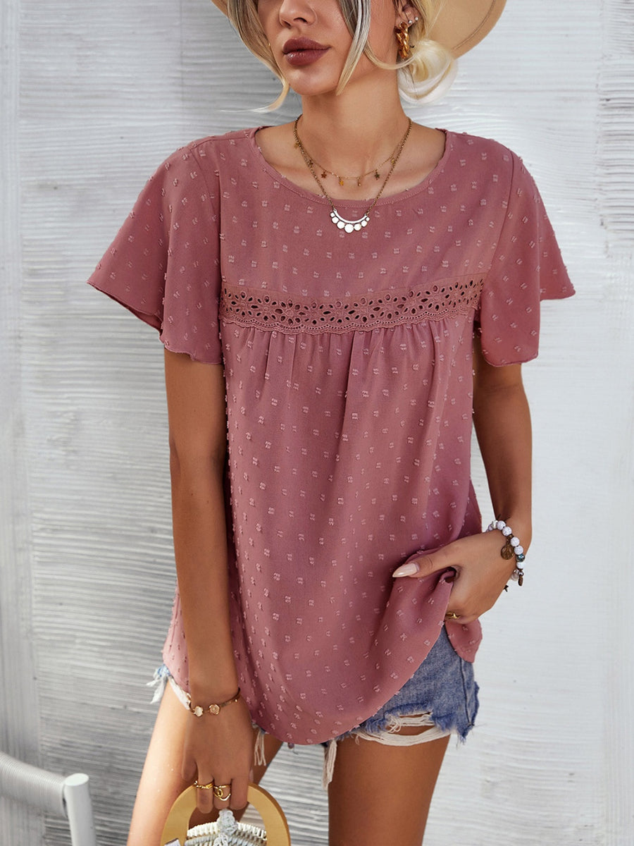 Lace Detail Round Neck Short Sleeve Blouse Dusty Pink