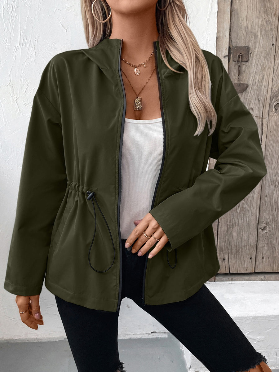 Ivy Lane Drawstring Zip Up Hooded Jacket Army Green