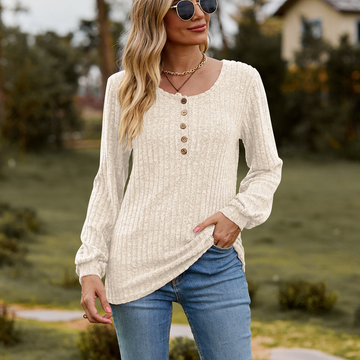 Round Neck Button-Down Long Sleeve Tee