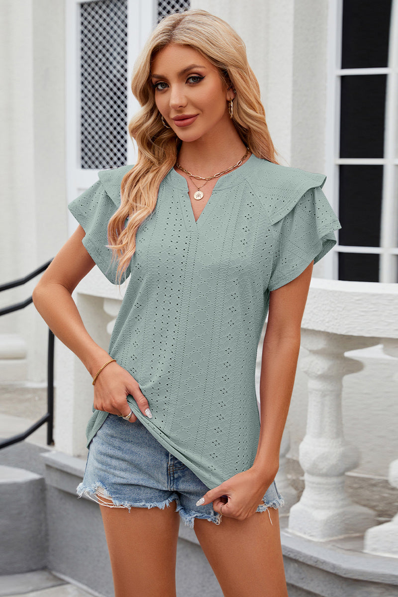 Eyelet Notched Short Sleeve T-Shirt Light Green