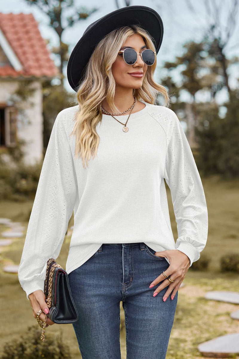Round Neck Raglan Sleeve Sweatshirt White