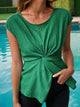 Perfee Twisted Round Neck Cap Sleeve Blouse Dark Green
