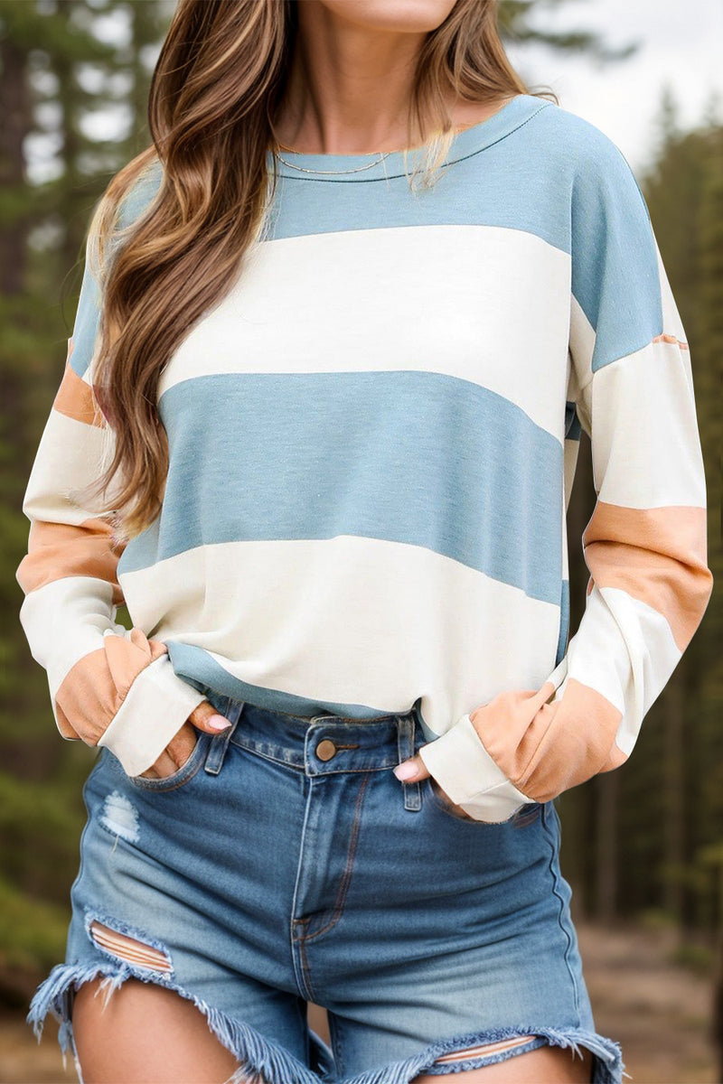 Contrast Color Block Round Neck Long Sleeve Top Light Blue