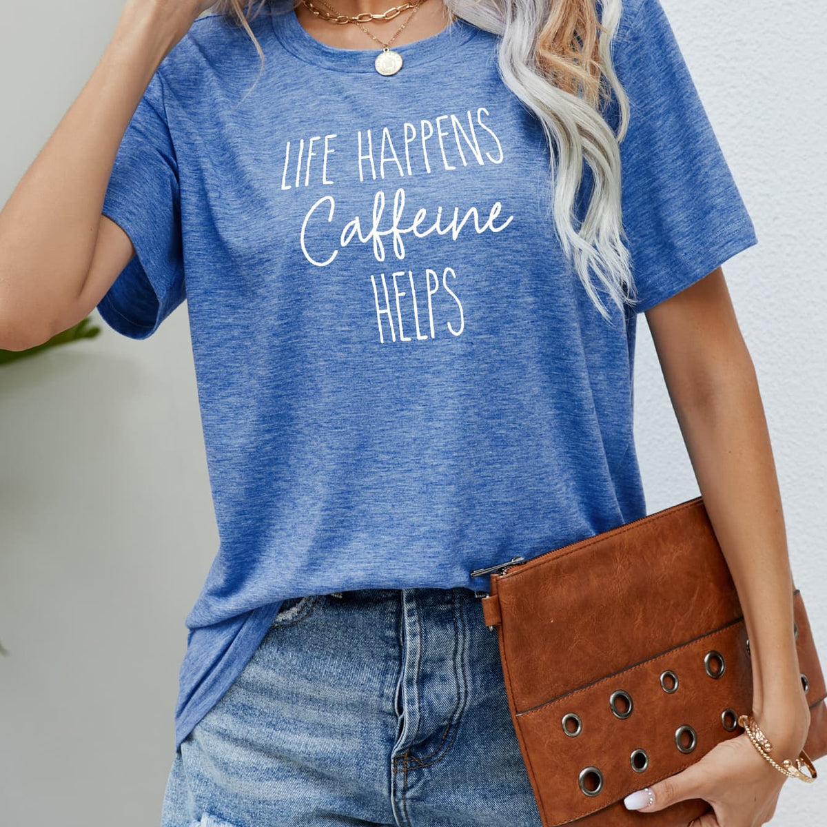 LIFE HAPPENS CAFFEINE HELPS Graphic Tee Cobalt Blue