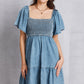 Smocked Square Neck Mini Denim Dress