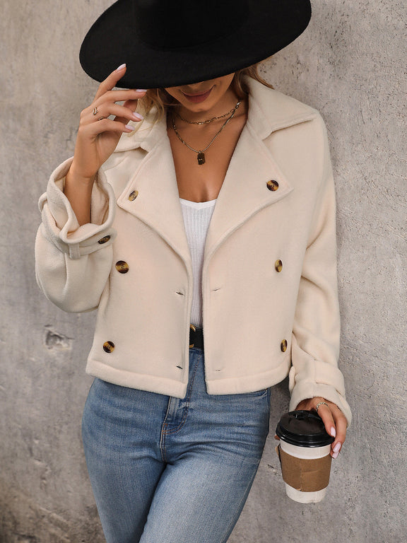Perfee Button Up Collared Neck Long Sleeve Jacket Sand