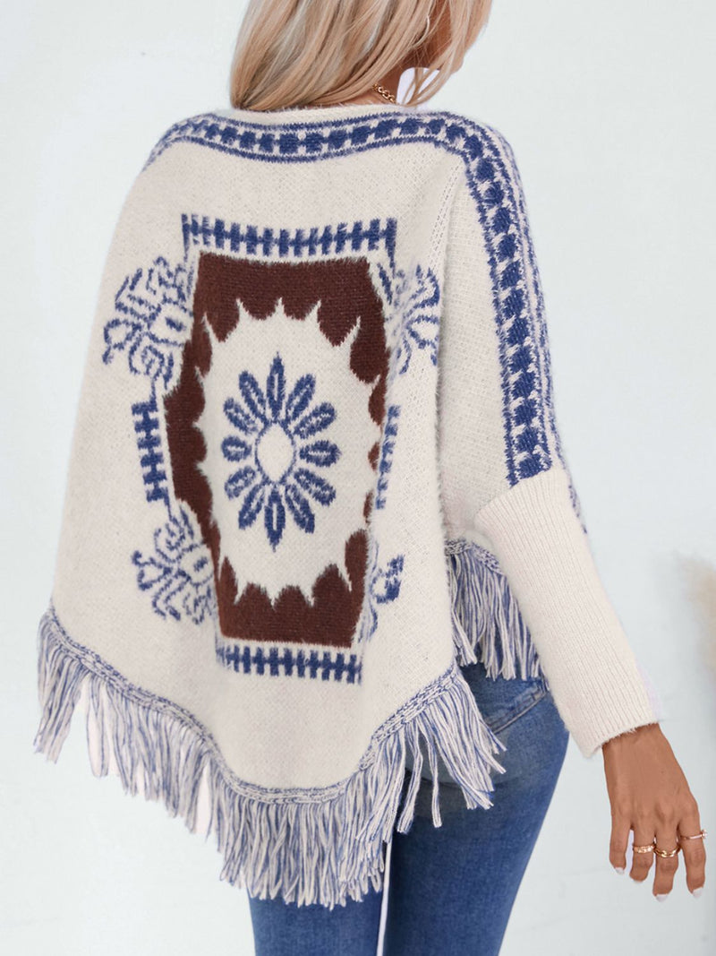 Fringe Geometric Long Sleeve Poncho