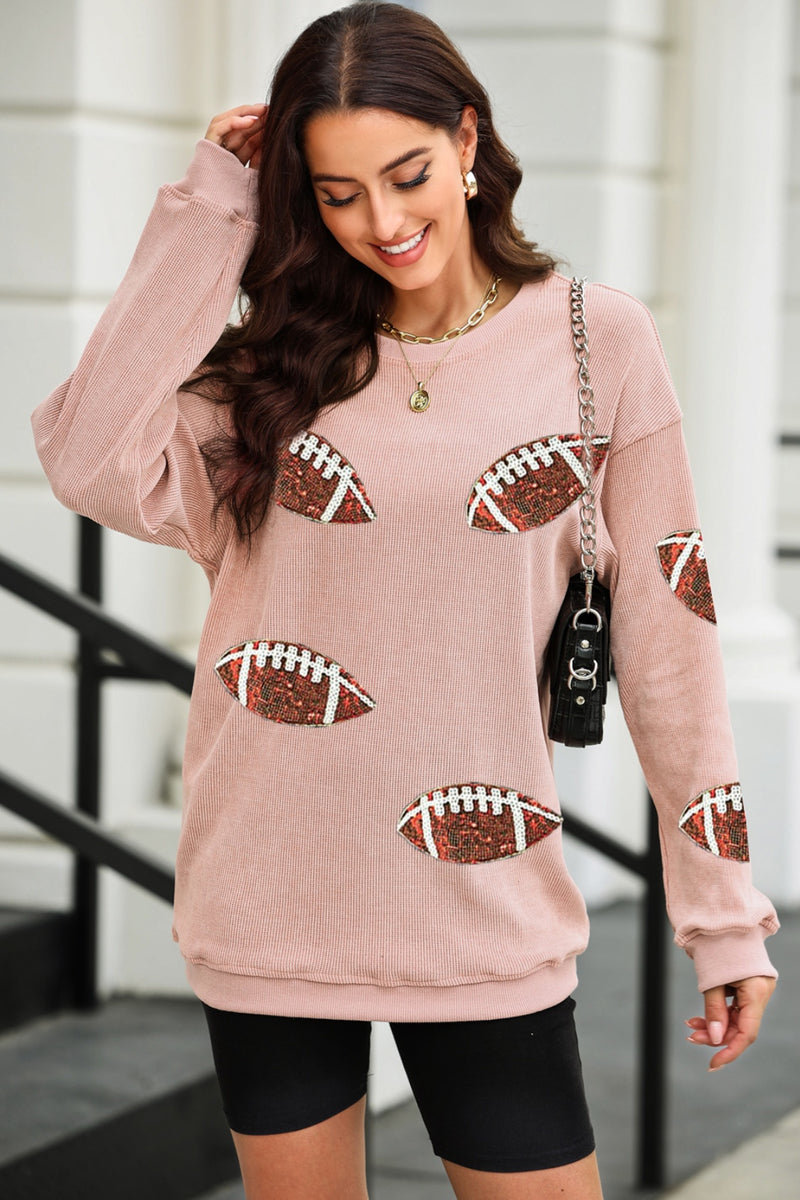Sequin Football Patch Corduroy Sweatshirt Dusty Pink