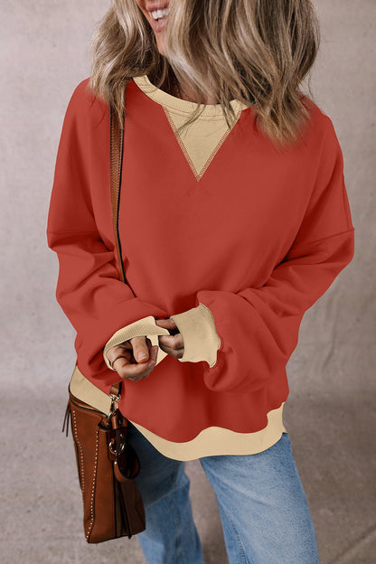 Contrast Round Neck Long Sleeve Sweatshirt Rust