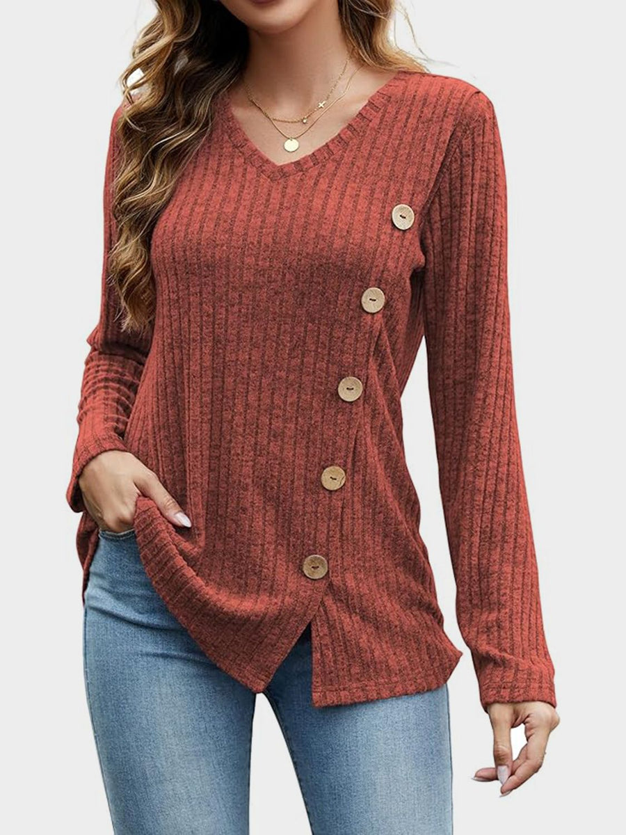 V-Neck Long Sleeve T-Shirt Rust