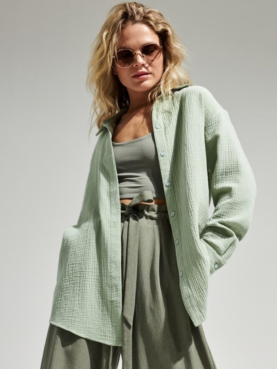 Textured Collared Neck Long Sleeve Shirt Light Green