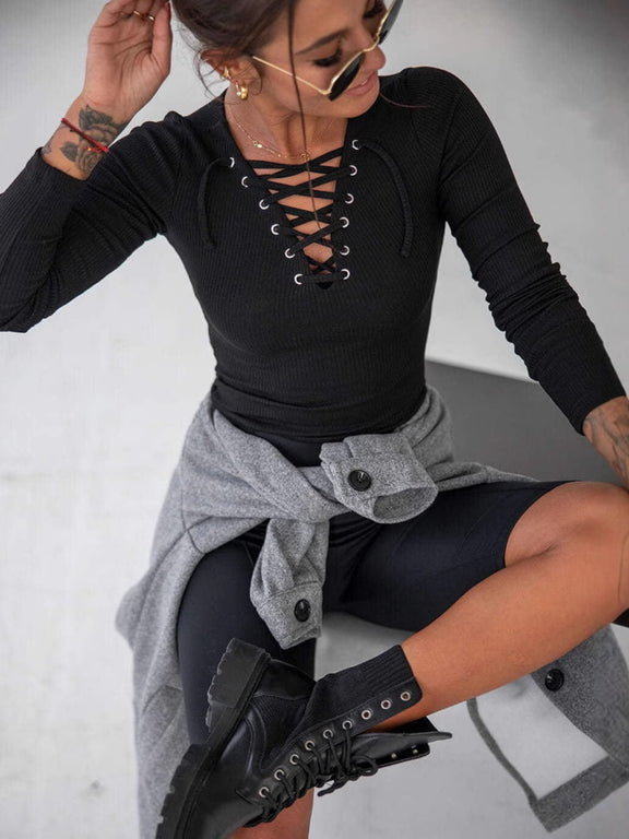 Lace Up Long Sleeve T-Shirt Black