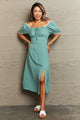 Swiss Dot Slit Off-Shoulder Dress Teal